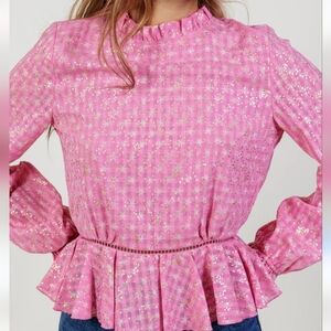 STINE GOYA Pink Smocked Peplum Blouse with Back Keyhole Opening Size Small  NWOT